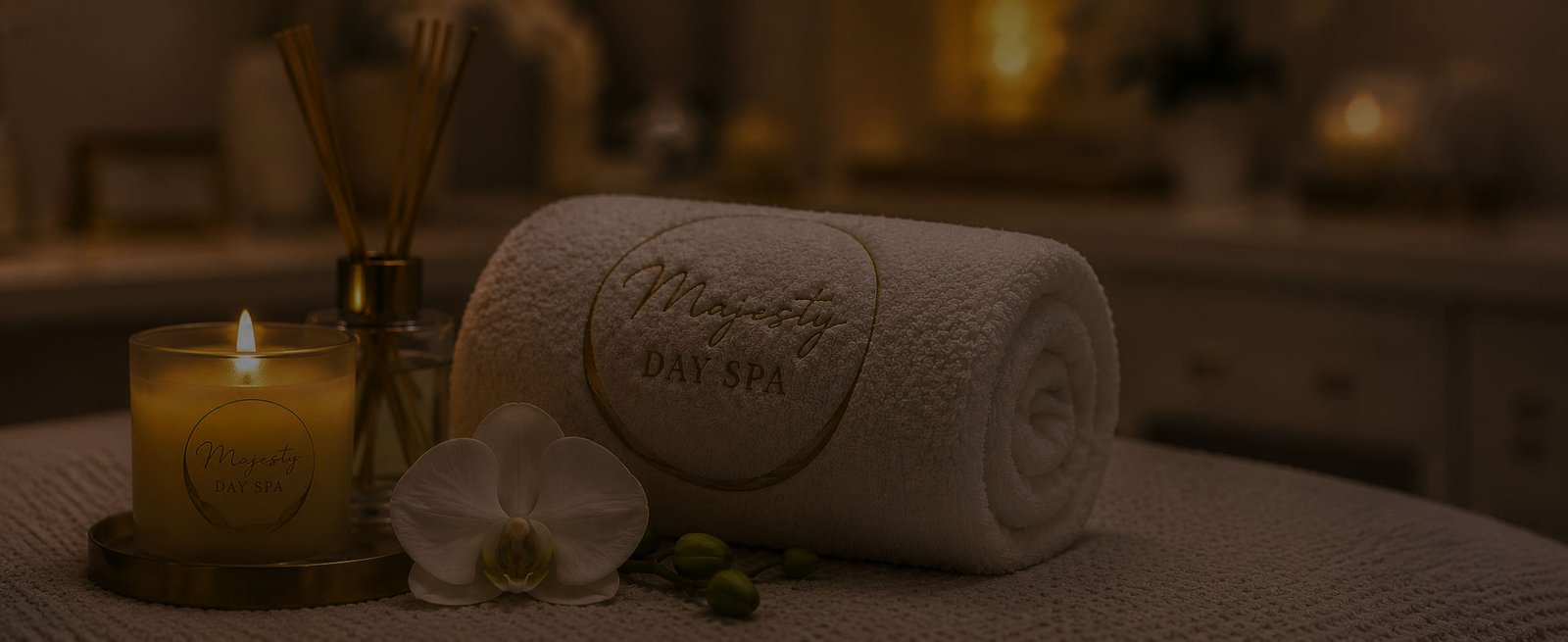 A lit Majesty candle, reed diffuser and orchid beside a rolled towel embroidered with the Majesty Day Spa logo