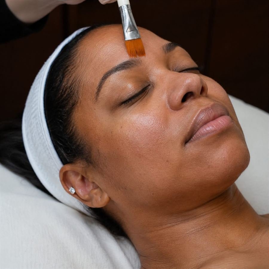 Esthetician applying a facial treatment with a brush