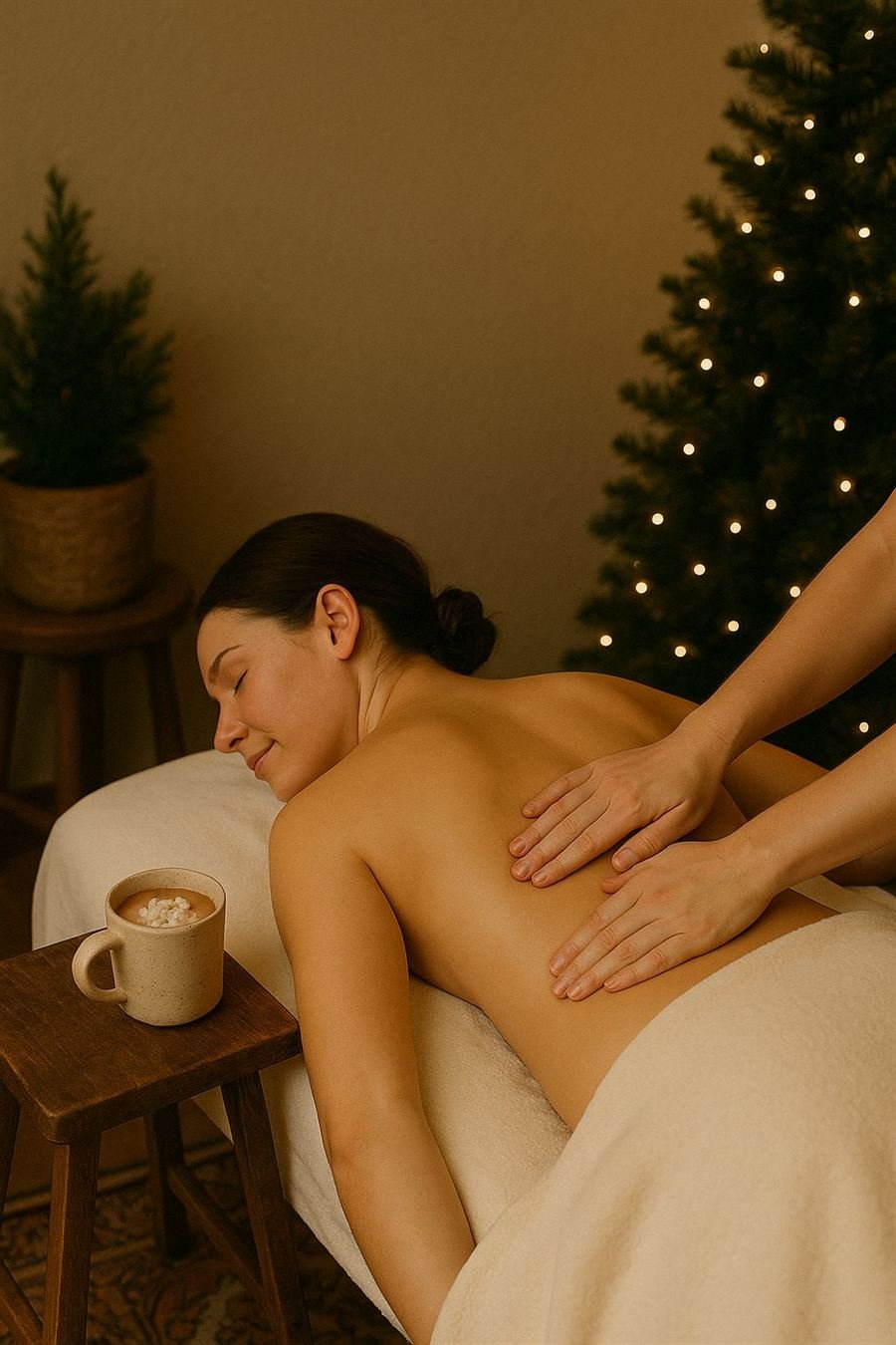 Guest relaxing during a back massage beside a softly lit holiday tree