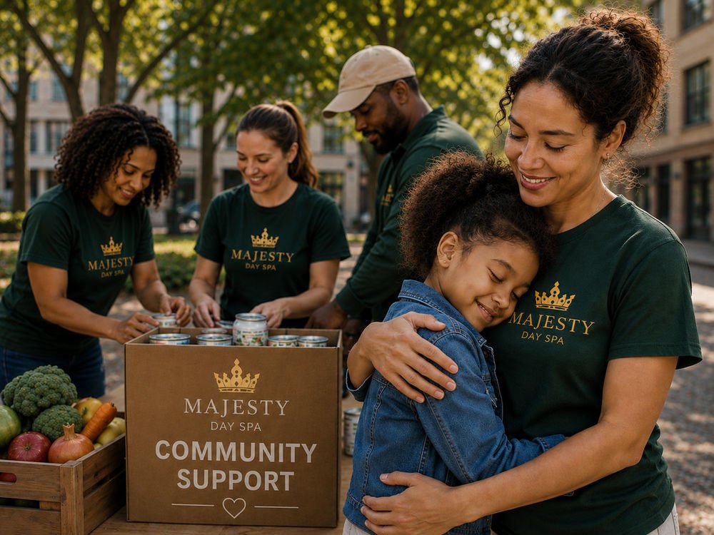 Majesty Day Spa volunteers packing food into a Community Support box while a woman hugs a child