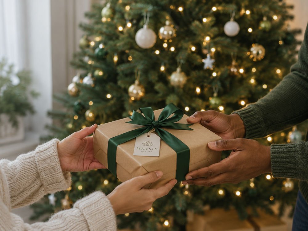 Two people passing a gift wrapped in kraft paper and green ribbon in front of a lit Christmas tree