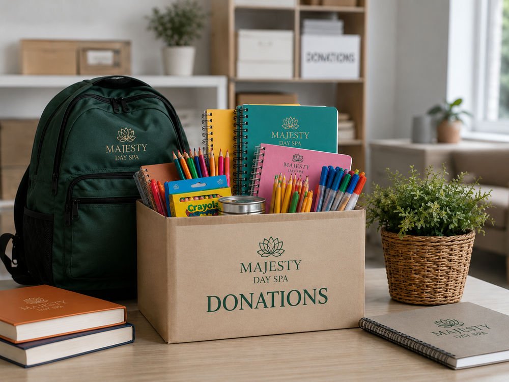 A donations box filled with notebooks, pencils and crayons beside a green backpack