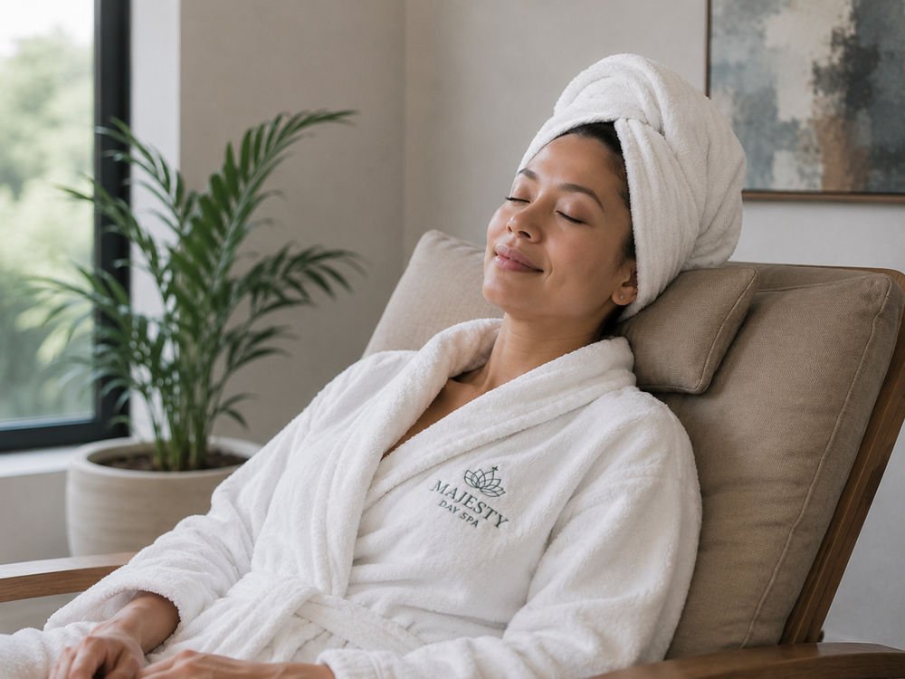 A woman in a white robe and hair towel resting with her eyes closed in a spa lounge chair